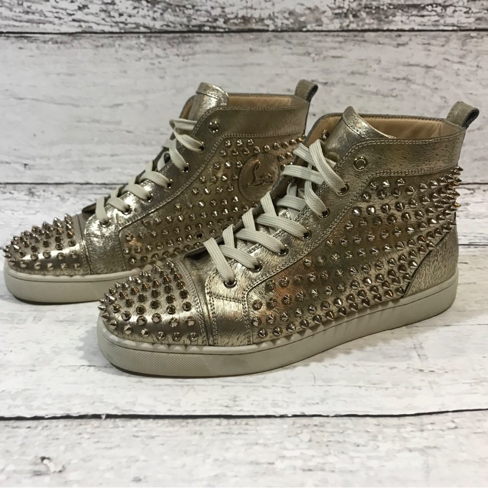 Men’s Christian Louboutin Authentic Gold Studded High-Top Sneakers. Make a offer